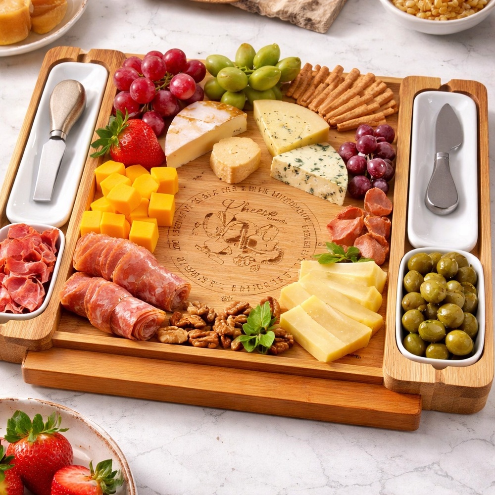 Smirly Bamboo Charcuterie Board Set Cheese Board Serving Tray w Ceramic Dishes
